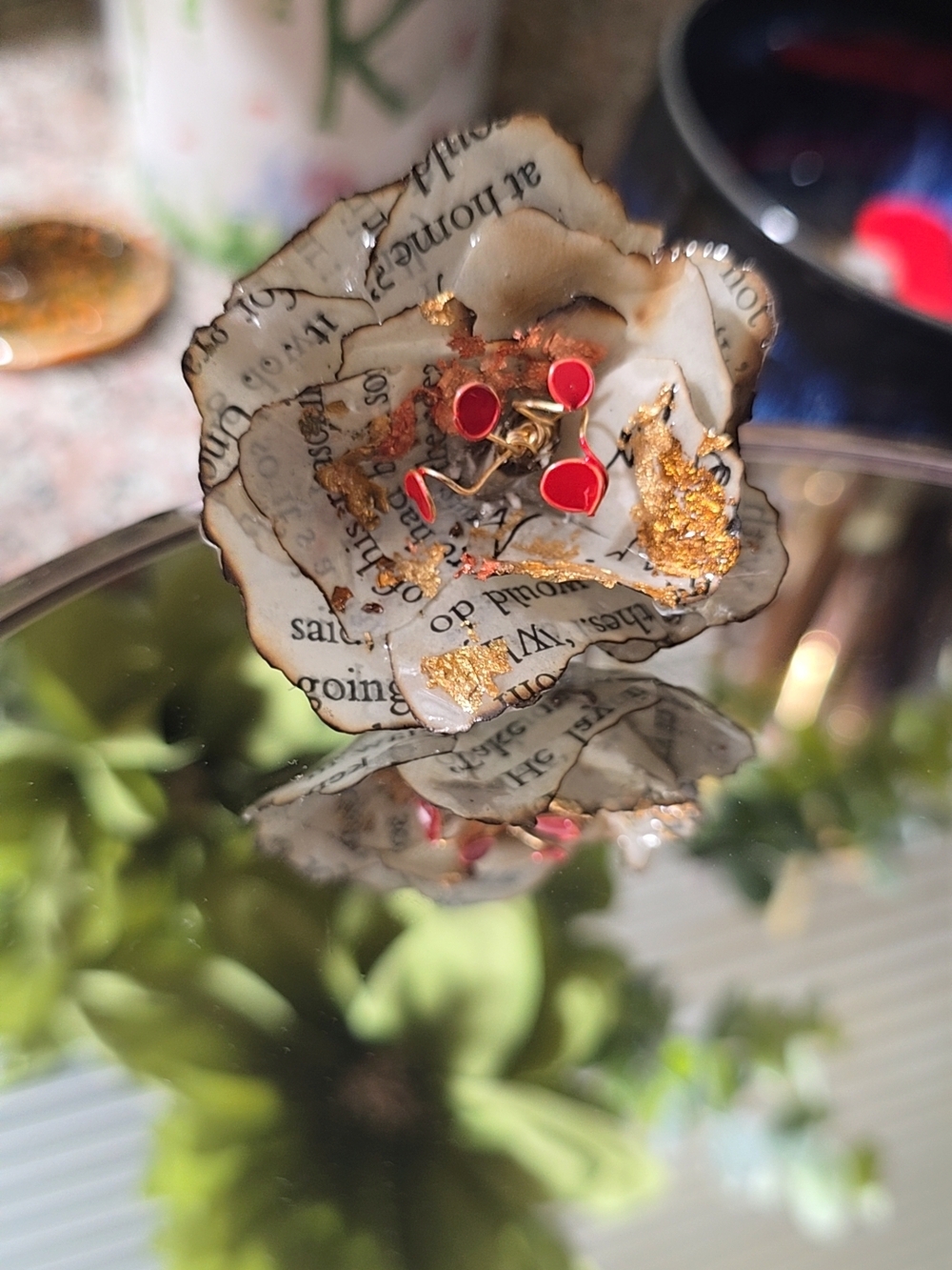 Paper Floral Resin Ring with Red Enamel Accents and Gold Leaf